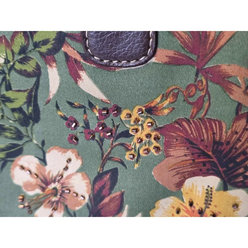 Caribbean Joe ShoulderBag‎ Handbag Floral Print Green Brown Purse Pouch Bag